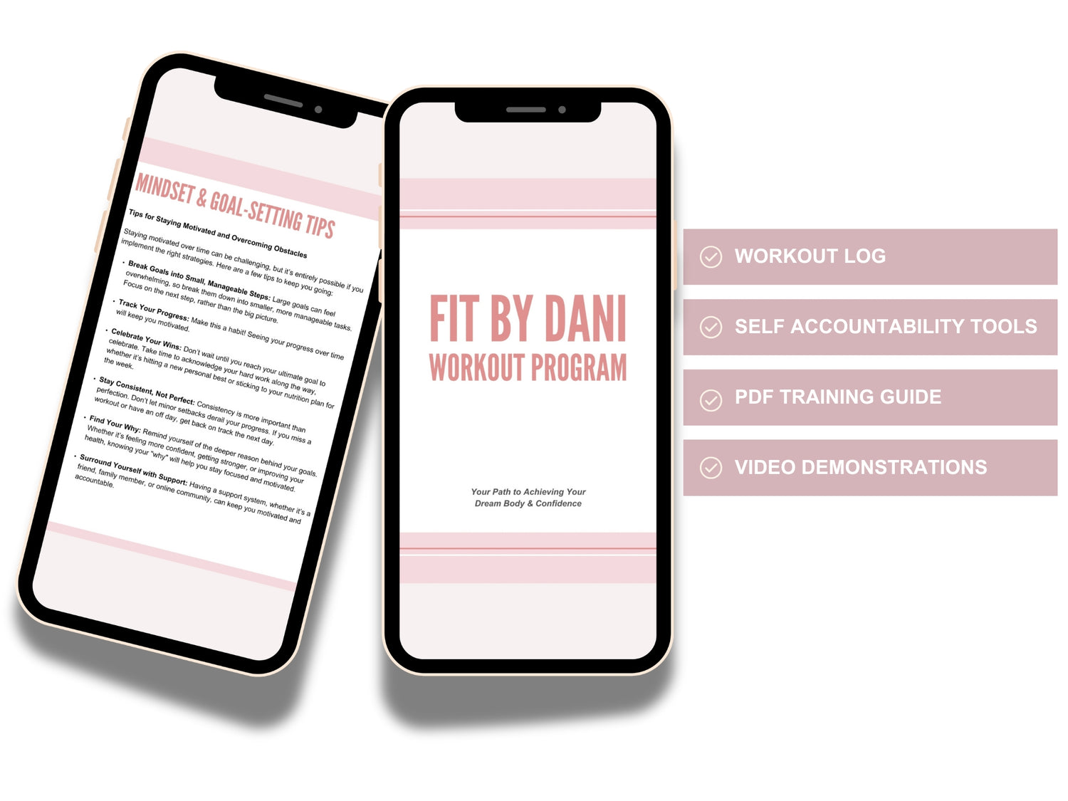 Two smartphones displaying the 'Fit by Dani Workout Program' with features listed on the right.